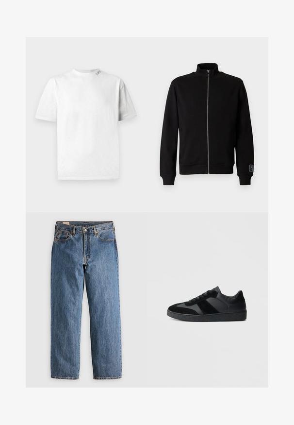 Schwarze Reißverschlussjacke mit hohem Kragen, gerippten Bündchen und einem seitlichen Etikett. Hergestellt aus einem weichen, glatten Material mit einem einfarbigen Design.; Weißes Kurzarm-T-Shirt mit Rundhalsausschnitt, das über eine subtile Textur und ein kleines Logodetail auf der linken Schulter verfügt.; Blaue Jeans aus Denim mit geradem Schnitt, hohem Bund, kupfernen Nieten und orangefarbener Naht. Mit Vorder- und Hintertaschen.; Schwarze Sneaker aus einer Mischung von glattem Leder und Wildleder, mit einer strukturierten schwarzen Gummisohle und dezenten Streifendetails.