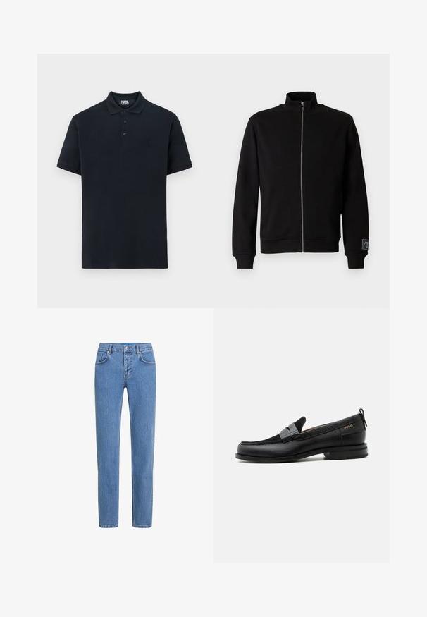 Sudadera negra con cremallera y cuello alto, puños acanalados y una etiqueta lateral. Hecha de un material suave y liso con un diseño de color sólido.; Polo marino de algodón, con un collar clásico, tres botones y un logo bordado en el lado izquierdo del pecho. Mangas cortas, textura suave.; Jeans de mezclilla azul claro con un diseño de pierna recta, cinco bolsillos y cierre de botón. La tela tiene un acabado texturizado con un ligero desvanecimiento.; Mocasín de cuero negro con detalle de tira gris, tacón bajo y suela texturizada, con la marca "HUGO" en oro en el lateral.