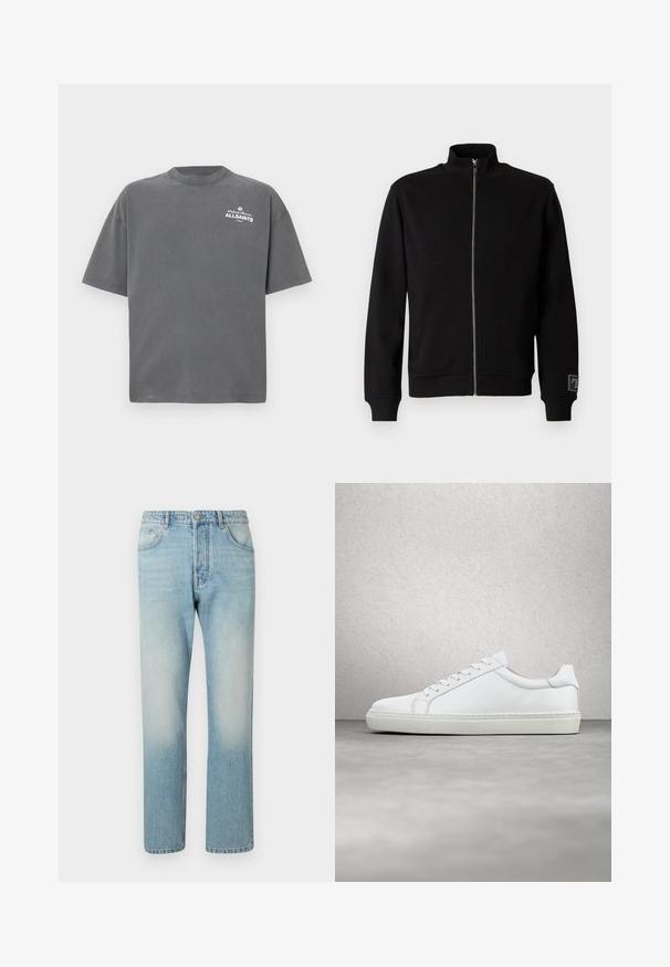 Schwarze Reißverschlussjacke mit hohem Kragen, gerippten Bündchen und einem seitlichen Etikett. Hergestellt aus einem weichen, glatten Material mit einem einfarbigen Design.; Dunkelgraues T-Shirt mit kurzen Ärmeln und Rundhalsausschnitt mit kleinem weißen "ALLSAINTS"-Logo auf der oberen linken Brust.; Helle blaue Jeans aus Denim mit geradem Bein, fünf Taschen und einem ausgewaschenen Effekt an den Oberschenkeln.; Weißer Sneaker mit glattem Lederobermaterial und niedrigem Profil. Verfügt über eine runde Zehenpartie, sechs Ösen und eine strukturierte Gummisohle.