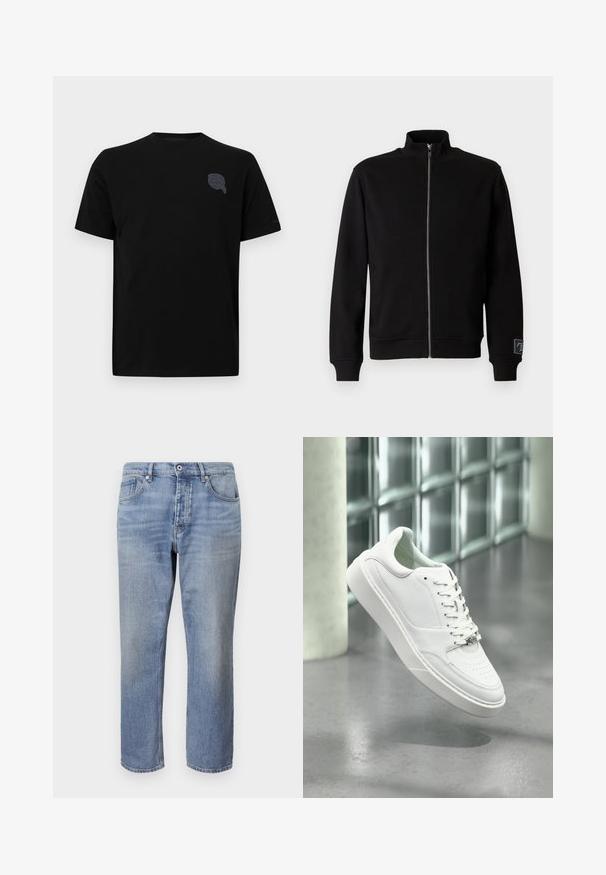 Schwarze Reißverschlussjacke mit hohem Kragen, gerippten Bündchen und einem seitlichen Etikett. Hergestellt aus einem weichen, glatten Material mit einem einfarbigen Design.; Schwarzes Baumwoll-T-Shirt mit kurzen Ärmeln, mit einem subtilen grauen grafischen Design auf der linken Brustseite. Glatte Textur, Rundhalsausschnitt.; Helle blaue Jeans mit geradem Schnitt, fünf Taschen, sichtbaren Nähten und einem Knopfverschluss an der Taille.; Weißer Ledersneaker mit abgerundeter Spitze, Schnürverschluss und flacher Gummisohle. Verfügt über perforierte Details und dezentes Logo-Akzent.