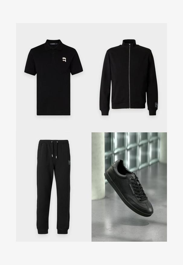Sort zip-up sweatshirt med høj krave, ribbede manchetter og et side-tag. Fremstillet af et blødt, glat materiale med ensfarvet design.; Sort polo skjorte i bomuld med krave, tre knapper og et lille hvidt logo på venstre bryst. Korte ærmer og lige snit.; Sorte sweatpants lavet af blødt stof, der har en elastisk talje med snor, sidelommer og tapered manchetter ved anklerne.; Sort læder-sneaker med en struktureret overflade, flade snørebånd, rundet tå og gummisål. Har et logo-detalje på siden.