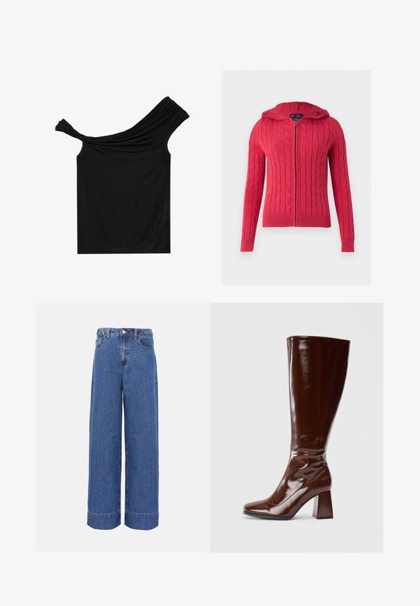 Rød kabelstrikket hættejakke med lynlås, lange ærmer og ribbet manchetter og kant mod en ensartet lys baggrund.; Sort off-shoulder top lavet af et blødt stof. Har snoet detalje ved udskæringen og en tætsiddende silhuet.; Blå denim jeans med vide ben, flettet linning, knap foran og lommer, vist på ensfarvet baggrund.; Knæhøje brune patentlæderstøvler med firkantet tå, glansfuld finish og en kraftig hæl for stabilitet. Sømløs design uden synligt hardware.