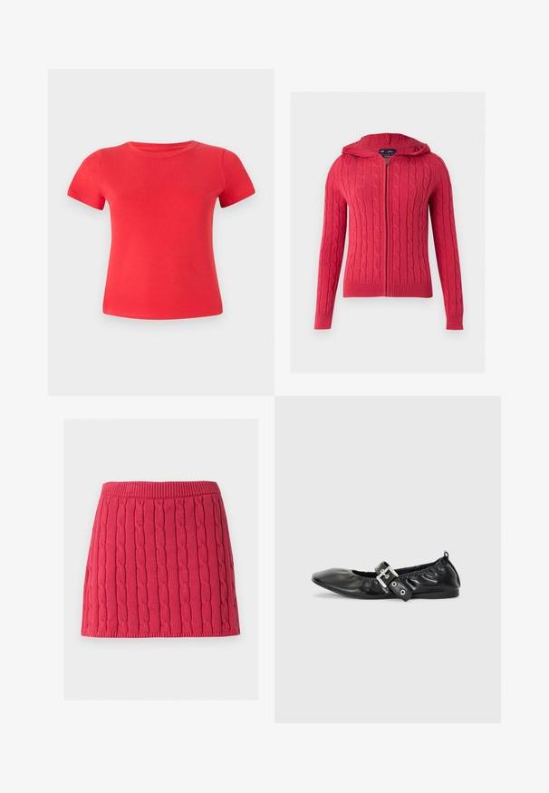 Rode kabelgebreide zip-up hoodie met lange mouwen en geribde boorden en zoom tegen een effen lichte achtergrond.; Rode katoenen t-shirt met korte mouwen, ronde halslijn en een gladde textuur, met een getailleerde pasvorm en zonder zichtbare patronen of details.; Rode gebreide minirok met verticaal kabelpatroon en geribbelde tailleband en zoom tegen een witte achtergrond.; Zwarte leren platte schoen met een spitse neus, geplooide details rond de opening en een zilveren gespaccentueerde verstelbare band.