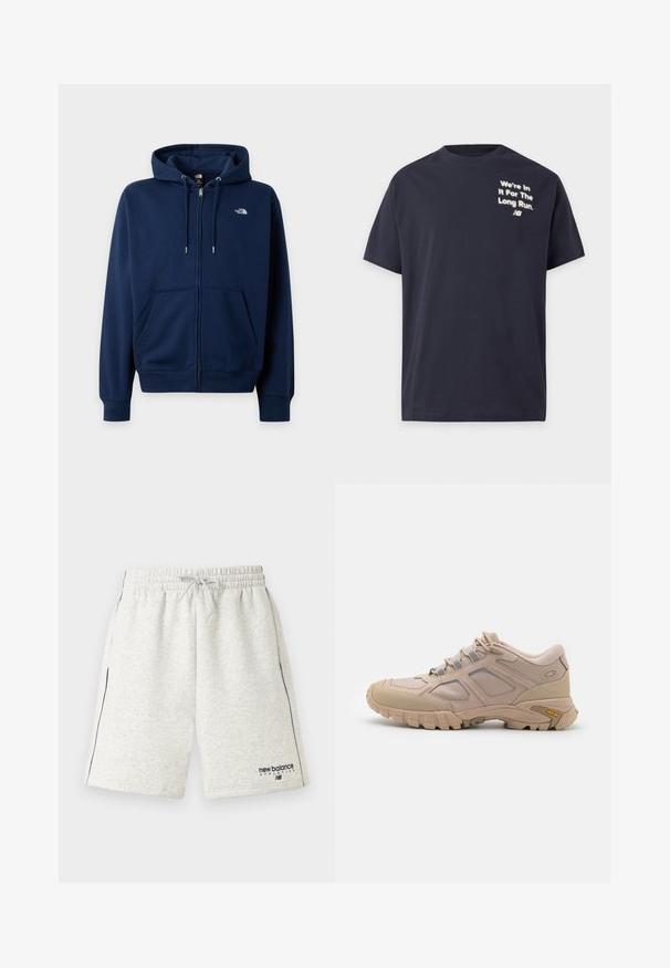 Sweat à capuche zippé bleu marine avec poche kangourou à l'avant, capuche avec cordon et petit logo blanc "The North Face" sur la poitrine.; T-shirt noir à manches courtes avec un texte blanc en haut à gauche qui indique "We're In It For The Long Run" et un petit logo New Balance en dessous.; Shorts de sport gris clair avec taille élastique, cordon de serrage, poches latérales, liseré bleu marine et logo « new balance athletics » sur la jambe gauche.; Baskets de sport beiges avec une tige en maille texturée, revêtement synthétique et semelle extérieure Vibram. Comprend un système de laçage et des détails sur les panneaux latéraux.