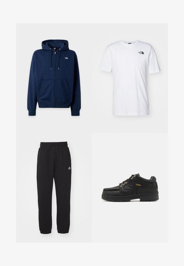 Sudadera con capucha azul marino con cremallera, bolsillo delantero tipo canguro, capucha con cordón y pequeño logo blanco "The North Face" en el pecho.; Camiseta de algodón blanca con un logo negro de The North Face en el lado superior izquierdo del pecho. Diseño de manga corta y cuello redondo.; Pantalones de chándal negros de tela suave, con cinturilla elástica y cordón, tobillos ajustados y un pequeño logo en el muslo superior.; Zapato de cuero negro con cordones, cuello acolchado, suela gruesa, ojales dorados y etiqueta Gore-Tex en el lateral.