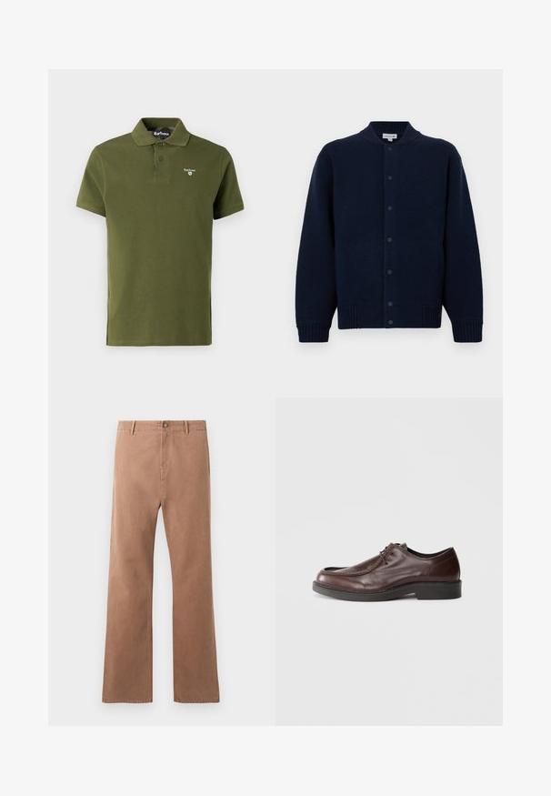 Cardigan tricoté marine avec un col côtelé, fermeture à boutons sur le devant et poches latérales. Présente un logo discret sur la poitrine gauche.; Polo olive en coton, avec un col classique, deux boutons, des manches courtes et un petit logo brodé sur la poitrine.; Pantalons droits marron en coton. Dotés d'une fermeture à bouton, de poches à l'avant et de coutures visibles le long des coutures.; Chaussure habillée en cuir marron avec un bout arrondi, des accents de couture minimum, et une semelle noire robuste. Présente un système de laçage et une texture lisse.