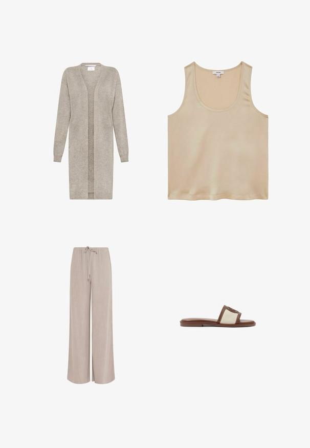 Lang beige strikket cardigan med lange ærmer og åben front, lavet af blødt tekstureret stof.; Reiss REGULAR FIT - Bluse - neutral; Beige vidde-linnedbukser med elastisk talje og snørre foran, designet til afslappet pasform og casual brug.; Brune læderslidesandal med en beige vævet overdel, flad sål og rund tå. Designet inkluderer en logoakcent på remmen.
