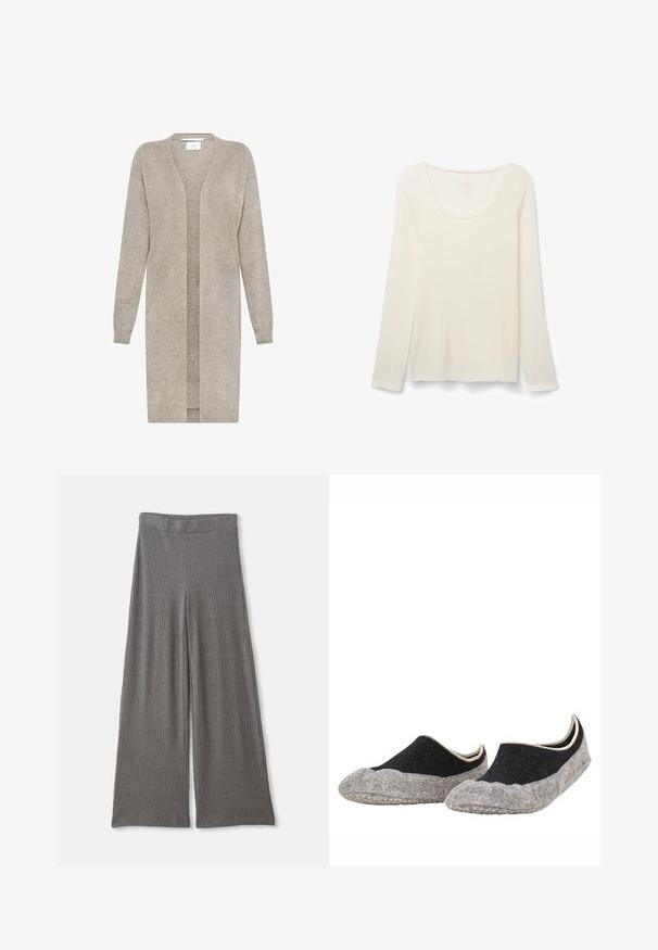 Long cardigan tricot beige avec manches longues et ouverture sur le devant, réalisé dans un tissu doux et texturé.; Haut crème à manches longues avec encolure dégagée, texture douce et lisse, présenté à plat sur fond blanc.; Pantalons larges gris à côtes avec une taille haute élastique. Le tissu semble doux et texturé, offrant une coupe décontractée sur toute la longueur.; Paire de chaussons souples noirs et gris à enfiler, avec semelles texturées, conçus pour le confort et la chaleur à l'intérieur.