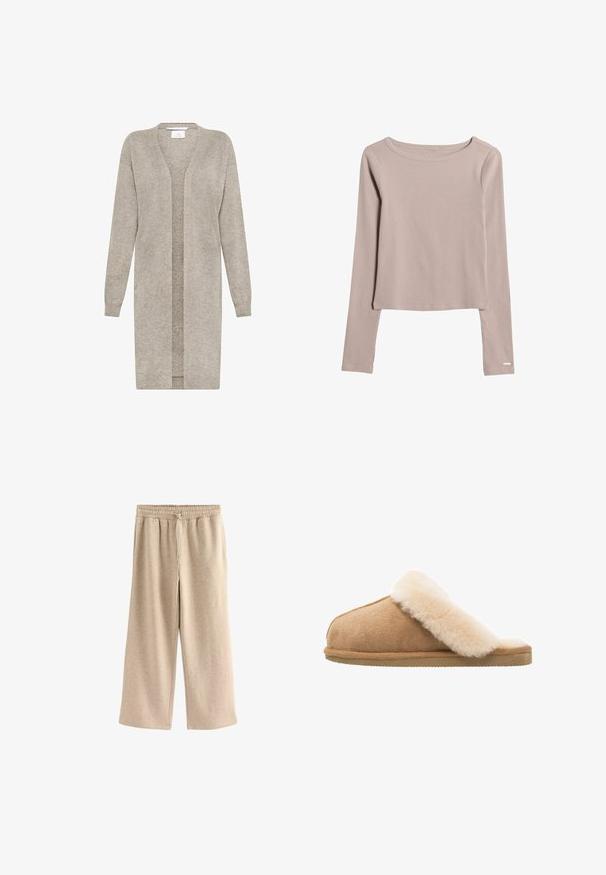 Langer beigefarbener Strickcardigan mit langen Ärmeln und offenem Vorderteil, aus weichem, strukturiertem Stoff.; Hellbeige Langarmhemd aus weichem, dehnbarem Stoff. Verfügt über einen weiten Halsausschnitt und einen leicht verkürzten Saum. Dezente Stickdetails.; Cremefarbene Schlaghosen aus einem weichen Baumwollmix. Sie verfügen über einen elastischen Bund mit Kordelzug und einer dezenten gesprenkelten Textur.; Beige Wildlederschlappen mit einem weichen, flauschigen Innenfutter aus cremefarbener Schafsleder. Verfügt über eine flache, strukturierte Gummisohle für einen sicheren Halt.
