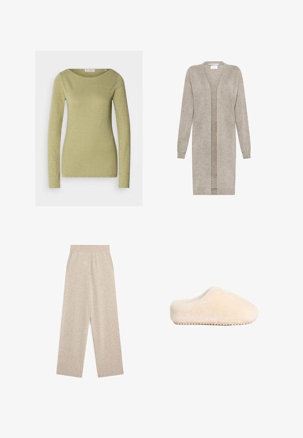 Lange beige gebreide cardigan met lange mouwen en open voorkant, gemaakt van zachte, gestructureerde stof.; Langemouwige top in licht olijfgroen, gemaakt van een zachte, gestructureerde stof. Heeft een brede halslijn en een aansluitende silhouet.; Beige gebreide wijde broek met elastische tailleband en zijzakken, voorzien van verticale naaddetails aan de voorkant van elke pijp.; Beige, zachte, fuzzy slippers met een vlakke, stevige zool en een ronde neus, met een naadloos ontwerp en een luxe textuur.