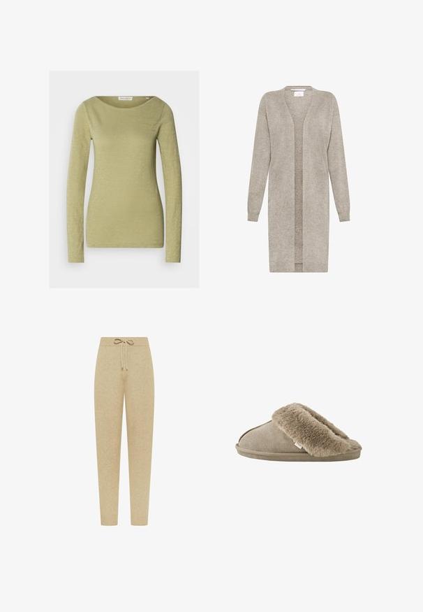 Lange beige gebreide cardigan met lange mouwen en open voorkant, gemaakt van zachte, gestructureerde stof.; Langemouwige top in licht olijfgroen, gemaakt van een zachte, gestructureerde stof. Heeft een brede halslijn en een aansluitende silhouet.; Beige gebreide joggerbroek met elastische tailleband en trekkoord, taps toelopende pijpen en geribbelde boorden.; Beige instapslof met zachte, pluche bontvoering rond de opening en een suède-achtige buitenzool.