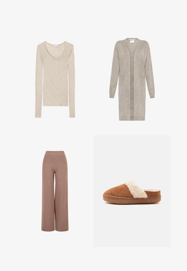 Cardigan largo de punto beige con mangas largas y abertura frontal, hecho de tela suave y texturizada.; Camiseta de manga larga en beige claro, con escote redondeado y tejido suave de textura lisa, diseñada para un corte ajustado.; Pantalones de punto marrones de pierna ancha con una tela texturizada, que cuentan con una cinturilla elástica y un ajuste holgado para mayor comodidad.; Zapatilla marrón sin cordones con suela gruesa y borde blanco y esponjoso, diseñada para comodidad y calidez en interiores.