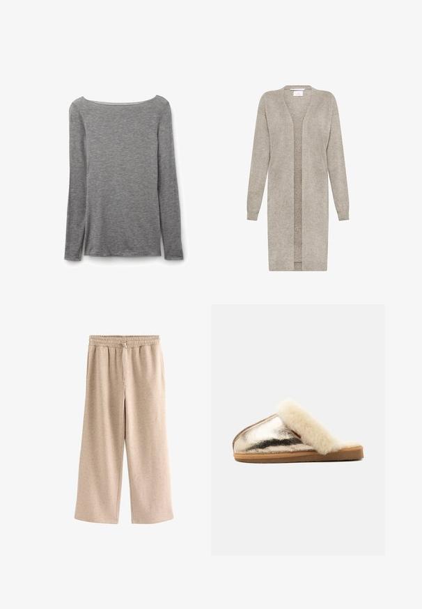 Lange beige gebreide cardigan met lange mouwen en open voorkant, gemaakt van zachte, gestructureerde stof.; Grijze nauwsluitende top met lange mouwen en een brede boothals, gemaakt van zachte, lichte gebreide stof.; Beige broek met wijde pijpen, een elastische tailleband en een koordje, gemaakt van een zachte, gevlekte stof.; Metalen gouden instapsloffen met een beige zool en een zachte crèmekleurige bontvoering rond de opening, zijaanzicht tegen een witte achtergrond.