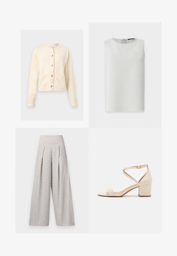 Cardigan en maille crème à manches longues, col rond, deux poches avant et cinq boutons décoratifs dorés au centre.; Blouse blanche sans manches avec encolure ronde et fermeture éclair visible dans le dos, présentée sur fond blanc uni.; Pantalons larges gris clair avec un motif texturé ressemblant à de petits triangles, dotés d'une taille haute et de plis pour plus de structure.; Sandales à talon bloc beiges présentant un design minimaliste, bout ouvert et une sangle de cheville ajustable avec une boucle dorée. Texture lisse.