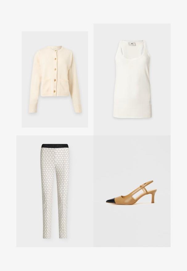 Cardigan en maille crème à manches longues, col rond, deux poches avant et cinq boutons décoratifs dorés au centre.; Débardeur blanc côtelé sans manches avec col arrondi et petit logo sous l'encolure sur fond uni.; Pantalon slim blanc à motif chaîne géométrique noire et taille noire étiquetée "SPORT".; Escarpins slingback couleur fauve avec embout pointu noir, côtés découpés et talon bloc de hauteur moyenne. Matière en cuir lisse.