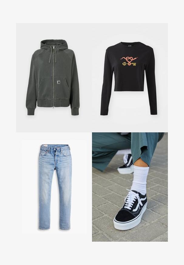 Grijze zip-up hoodie van zacht materiaal, met een capuchon, zakken aan de voorkant en ribgebreide mouwen en zoom. Carhartt-logo op de linkerzak.; Zwarte lange mouwen crop top van katoen. Voorzien van een kleurrrafische weergave van een slang en een sleutel aan de voorkant. Eenvoudig ontwerp met ronde hals.; Lichtblauwe spijkerbroek met een rechte snit, twee zijzakken en een knoopsluiting. Verweerd textuur met lichte vervaging bij de knieën.; Zwarte suède sneaker met witte accenten en veters, uitgerust met een dikke witte zool en contrasterende stiksels, gecombineerd met een witte sok.