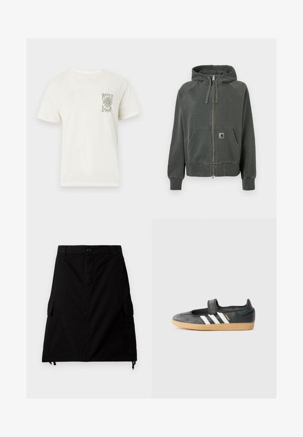 Haut à capuche gris zippé en tissu doux, avec une capuche, des poches avant et des poignets et un ourlet côtelés. Logo Carhartt sur la poche gauche.; T-shirt blanc à manches courtes avec encolure ronde, présentant un petit motif gris d'une fleur et le texte "ROXY 1990" sur la poitrine gauche.; Jupe cargo noire en tissu mélange de coton avec une coupe droite, dotée de poches latérales, d'une fermeture à boutons sur le devant et d'un ourlet ajustable avec cordon de serrage.; Sneaker en cuir noir et suède avec une sangle Velcro, arborant trois bandes blanches et une semelle en caoutchouc, étiqueté "SAMBA" sur le côté.