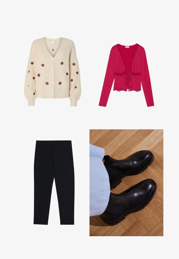Beige strikjakke med V-udskæring, ribbet tekstur, fem-knaps frontlukning og broderede lyserøde roser. Lange ærmer med tætsiddende manchetter.; Rød langærmet top med dyb V-udskæring, blondedetaljer langs kanterne og en foran båndlukning. Glat tekstur med en tætsiddende pasform.; Sorte leggings lavet af strækbart stof, med en elastisk talje og en glat tekstur. Ingen synlige mønstre eller hardware-detaljer.; Sorte ankelstøvler lavet af glat læder med elastiske sidepaneler, en tekstureret gummisål og kontraststing langs kanten.