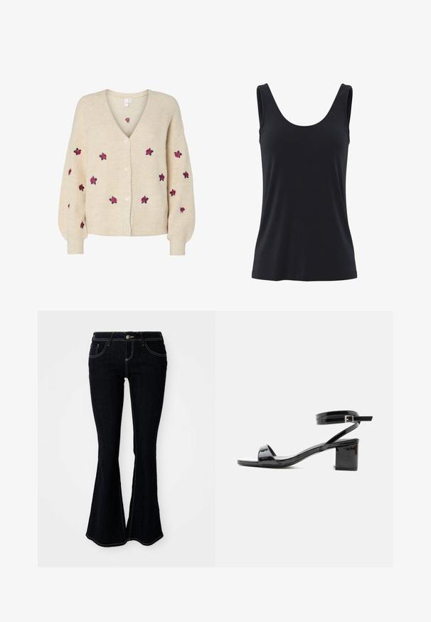 Beige gebreide cardigan met een V-hals, geribbelde textuur, sluiting met vijf knopen aan de voorkant en geborduurde roze rozen. Lange mouwen met aangesloten manchetten.; Zwarte mouwloze tanktop met ronde halslijn, aangesloten in de taille, gemaakt van glad, lichtgewicht stof.; Flared donkergewassen jeans met een hoge taille, voor- en achterzakken, en contrasterende gele stiksels op de naden.; Zwarte lakleren sandaal met blokhak, open teen en enkelbandje met gesp, gezien van opzij tegen een witte achtergrond.