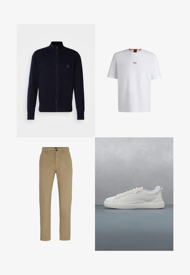 Cardigan zippé bleu marine fabriqué à partir d'un matériau en tricot doux, comportant un col montant, des manches longues et un petit patch logo carré sur la poitrine.; T-shirt en coton blanc à manches courtes, avec un logo noir "BOSS" centré sur la poitrine et un design à col rond.; Chinos en coton beige avec une coupe ajustée, devant plat et fermeture par bouton. Comprend des passants de ceinture et des poches latérales pour plus de fonctionnalité.; Sneaker blanche avec une finition en cuir lisse, bout rond, quatre œillets, perforations subtiles et un détail de logo rouge sur le côté.