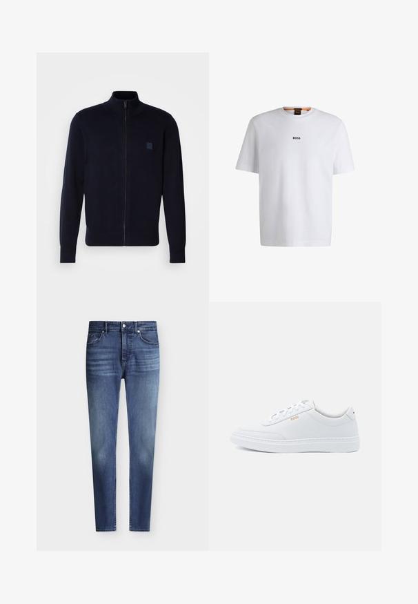 Cardigan zippé bleu marine fabriqué à partir d'un matériau en tricot doux, comportant un col montant, des manches longues et un petit patch logo carré sur la poitrine.; T-shirt en coton blanc à manches courtes, avec un logo noir "BOSS" centré sur la poitrine et un design à col rond.; Jean slim fit bleu en denim pour homme avec style classique à cinq poches et légère décoloration aux cuisses et aux genoux, fermeture par bouton et zip.; Baskets blanches en cuir avec une texture lisse, bout rond et coutures tonales. Possède des lacets bleus et un logo doré sur le côté.