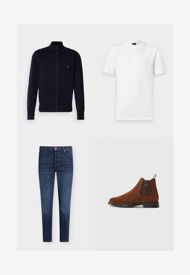 Marine blauwe cardigan met rits, gemaakt van een zachte breimateriaal, met een hoge kraag, lange mouwen en een klein vierkant logo op de borst.; Witte T-shirt met korte mouwen en ronde hals, subtiele verticale geribbelde textuur, tentoongesteld tegen een effen lichtgrijze achtergrond.; Donkerblauwe slim-fit jeans met voorzakken, riemlussen, knoopsluiting en subtiel vervagen op dijen en knieën.; Bruine suède Chelsea-boot met een elastische zijpaneel, een lus aan de achterkant, een zwarte zool en een subtiel "GANT"-logo op het zijpaneel.