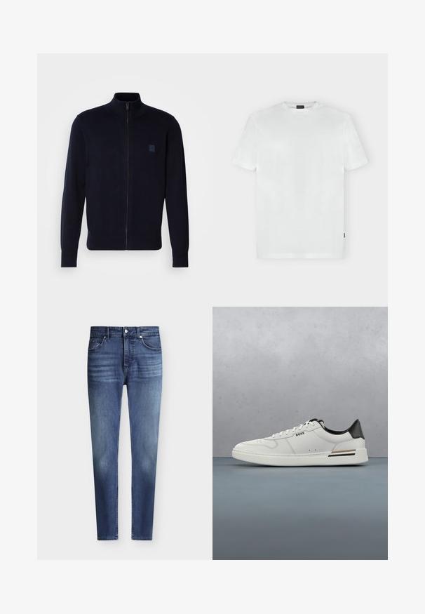 Cardigan zippé bleu marine fabriqué à partir d'un matériau en tricot doux, comportant un col montant, des manches longues et un petit patch logo carré sur la poitrine.; T-shirt blanc à manches courtes avec col rond, avec un logo subtil sur la poitrine gauche et une petite étiquette noire sur la couture latérale gauche.; Jean slim fit bleu en denim pour homme avec style classique à cinq poches et légère décoloration aux cuisses et aux genoux, fermeture par bouton et zip.; Sneaker basse blanche avec talon noir, fermeture à lacets, perforations subtiles et logo "BOSS" sur le côté, vue depuis le profil extérieur.