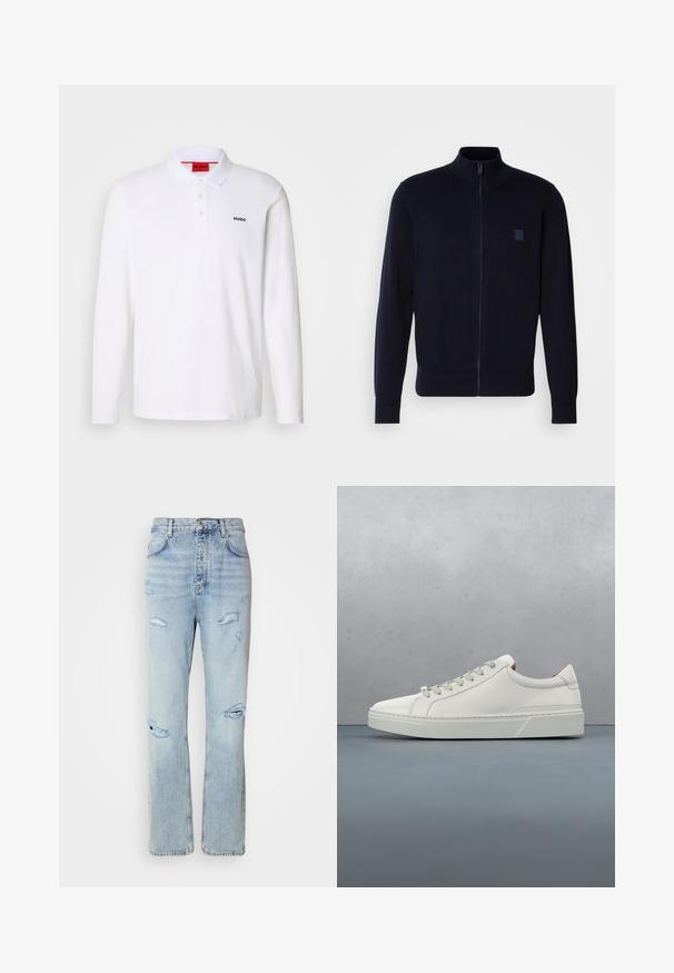 Cardigan zippé bleu marine fabriqué à partir d'un matériau en tricot doux, comportant un col montant, des manches longues et un petit patch logo carré sur la poitrine.; Polo-shirt blanc à manches longues en coton avec un col, une patte de boutonnage à trois boutons et un logo noir "HUGO" sur la poitrine gauche.; Jean en denim délavé avec une coupe décontractée, présentant des zones déchirées et des bords effilochés. Le tissu a une texture douce et lisse.; Baskets en cuir blanc avec un bout arrondi, design minimaliste, lacets gris et semelle en caoutchouc gris texturé. Détails de couture subtils visibles.