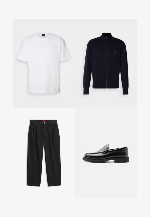 Cárdigan azul marino de cremallera fabricado en un material de punto suave, con un cuello alto, mangas largas y un pequeño parche de logo cuadrado en el pecho.; Camiseta de algodón blanca de manga corta, con escote redondo y logotipo grabado de "BOSS" en el pecho. Textura suave, ajuste estándar.; Pantalones negros de talle alto con pliegues delanteros, trabillas para cinturón, cierre con botón y cremallera, y una etiqueta roja en el interior de la cintura.; Mocasín de cuero negro con suela de goma gruesa, empeine cosido y nombre de la marca en relieve en el talón, mostrado en perfil lateral sobre fondo blanco.