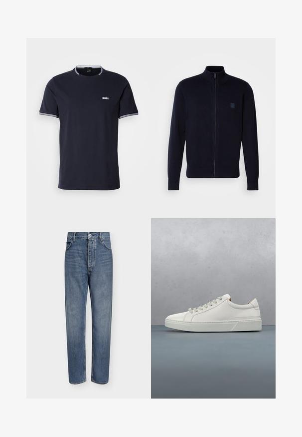 Cárdigan azul marino de cremallera fabricado en un material de punto suave, con un cuello alto, mangas largas y un pequeño parche de logo cuadrado en el pecho.; Camiseta de algodón azul marino con cuello redondo, que presenta acentos de rayas blancas en el cuello y las mangas, y un pequeño logo blanco en el pecho.; Vaqueros de mezclilla azul de corte recto con cintura alta, cierre frontal de botones y diseño de cinco bolsillos sobre un fondo claro y liso.; Zapatilla blanca de cuero con punta redondeada, diseño minimalista, cordones grises y suela de goma texturizada gris. Detalles de costura sutiles visibles.