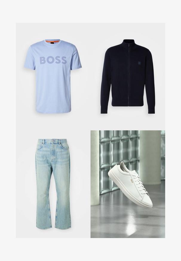 Cárdigan azul marino de cremallera fabricado en un material de punto suave, con un cuello alto, mangas largas y un pequeño parche de logo cuadrado en el pecho.; Camiseta de algodón azul claro con cuello redondo y mangas cortas, que presenta la palabra "BOSS" destacada en letras gruesas de color púrpura oscuro.; Jeans de mezclilla de color azul claro, acampanados y de cintura alta, con cinco bolsillos, trabillas para el cinturón y un acabado desgastado.; Zapatilla deportiva de piel blanca de corte bajo con cordones, lengüeta negra en el talón y logo "BOSS", flotando en interiores cerca de una pared de bloques de vidrio y suelo pulido.