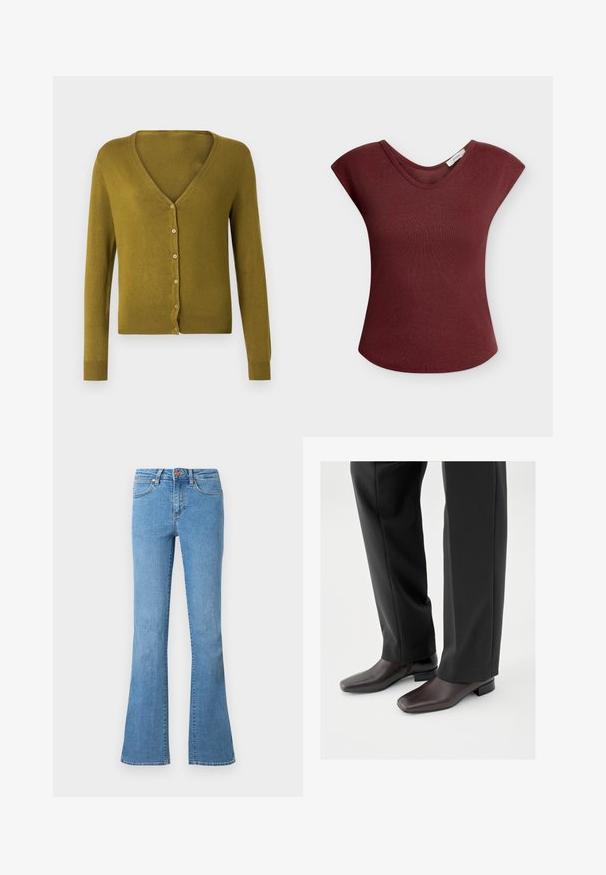 Cardigan vert olive avec col en V, boutons sur le devant et manches longues. Texture douce avec poignets et ourlet côtelés.; Haut sans manches en maille côtelée rouge foncé avec un col rond et des épaules légèrement relevées.; Jean en denim bleu clair avec une taille mi-haute, cinq poches, fermeture par bouton et fermeture éclair, et des bas légèrement évasés.; Chaussures en cuir marron foncé avec un bout carré et un petit talon bloc, portées avec un pantalon noir sur mesure, affichant une apparence élégante et polie.