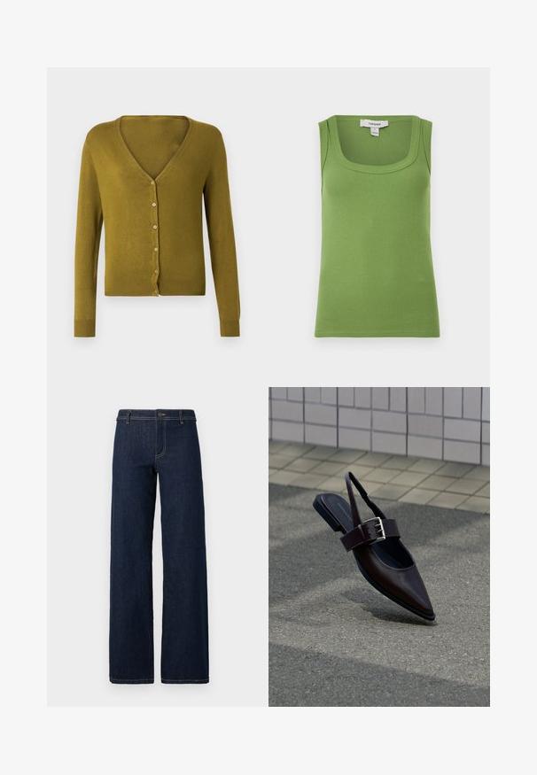 Olivengrøn cardigan med V-hals, knapper foran og lange ærmer. Blød tekstur med ribstrikkede manchetter og kant.; Grøn ribstrikket ærmeløs tanktop med firkantet halsudskæring og Topshop-mærkat på indersiden af kraven.; Bredde ben mørk vaskede jeans med et klassisk fem-lomme design, lavet af denim, med guldtråd og en knaplukning i taljen.; Mørkebrune flade slingback-sko med spids tå, bred rem og stor sølvspænde på asfalt nær flisebelagt væg.