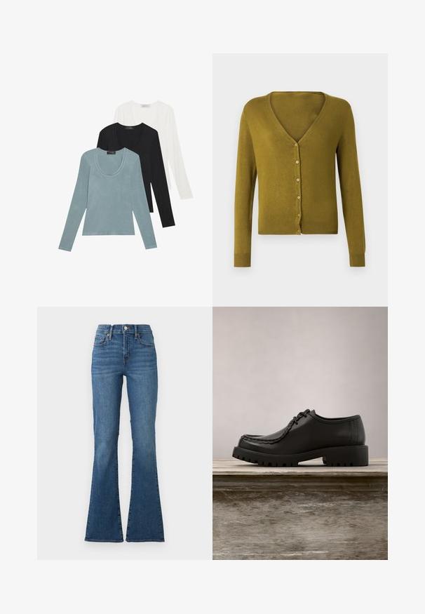 Olivengrøn cardigan med V-hals, knapper foran og lange ærmer. Blød tekstur med ribstrikkede manchetter og kant.; Tre langærmede toppe i lys blå, sort og hvid. Designet har en rund udskæring og en blød, let stoftekstur.; Blå højtaljede denimjeans med let falmet effekt, knap- og lynlås foran, fem lommer og vidde ben mod en ensfarvet hvid baggrund.; Sort lædersko med snørebånd og tyk rillede såler, der svæver over en træbænk udendørs med grønne blade i baggrunden.