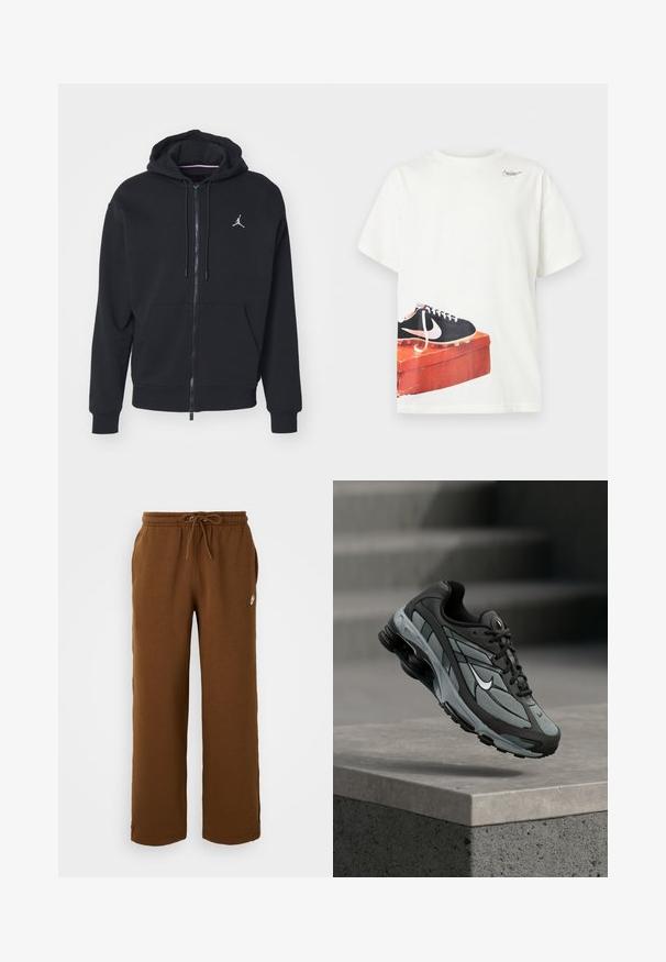 Mustapaita, jossa on vetoketju ja pehmeä kangas, varustettu kengurupussilla, ribattuilla hihansuilla ja valkoisella brodeeratulla logolla rinnassa.; Valkoinen lyhythihainen T-paita, jossa on musta Nike-jalkapallokengän kuvapainatus kuluneen punaisen kenkälaatikon päällä helman lähettyvillä ja pieni logo kaula-aukon läheisyydessä.; Ruske sweatpants laget av mykt stoff, med elastisk midjebånd og snor, sidelommer, og en hvit logo på venstre side.; Harmaa ja musta urheilukenkä, jossa on verkkopaneelit ja paksu pohja, ilmassa betonisen reunuksen ja portaitten yläpuolella taustalla.