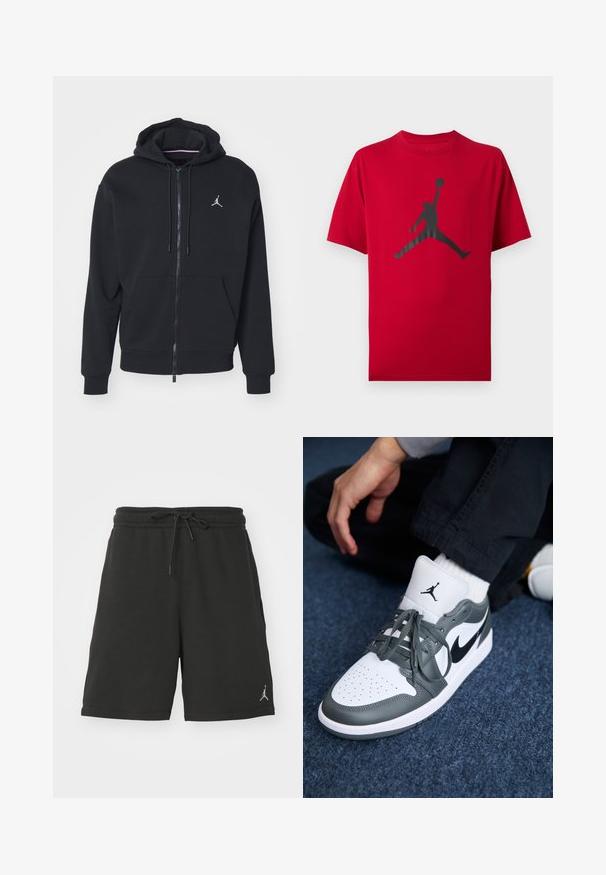 Čierna zip-up mikina vyrobená z mäkkej tkaniny, s kengurou vreckom, rebrovanými manžetami a bielym vyšitým logom na hrudi.; Červené tričko s krátkym rukávom s čiernym siluetou basketbalistu, ktorý skáče a drží loptu vysoko jednou rukou.; Čierne športové šortky vyrobené z mäkkej tkaniny, s elastickým pásom so šnúrkou, bočnými vreckami a malým logom na ľavom stehne.; Tenisky Nike Air Jordan 1 v bielom a šedom koži, s čiernym logom, perforovanou špičkou a plochými šedými šnúrkami.