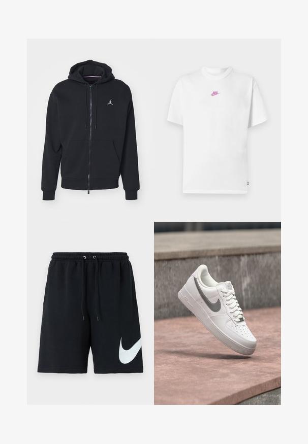 Sudadera con cremallera negra, hecha de un tejido suave, con un bolsillo tipo canguro, puños acanalados y un logo bordado en blanco en el pecho.; Camiseta blanca de manga corta de Nike con pequeño logo rosa centrado en el pecho y cuello redondo.; Shorts de algodón negros con cinturilla elástica, cordón, bolsillos laterales y un gran logo blanco de Nike impreso en el lado izquierdo.; Zapatilla blanca Nike Air Force 1 con logo swoosh gris flotando sobre una superficie de piedra y un fondo de pared de piedra gris.