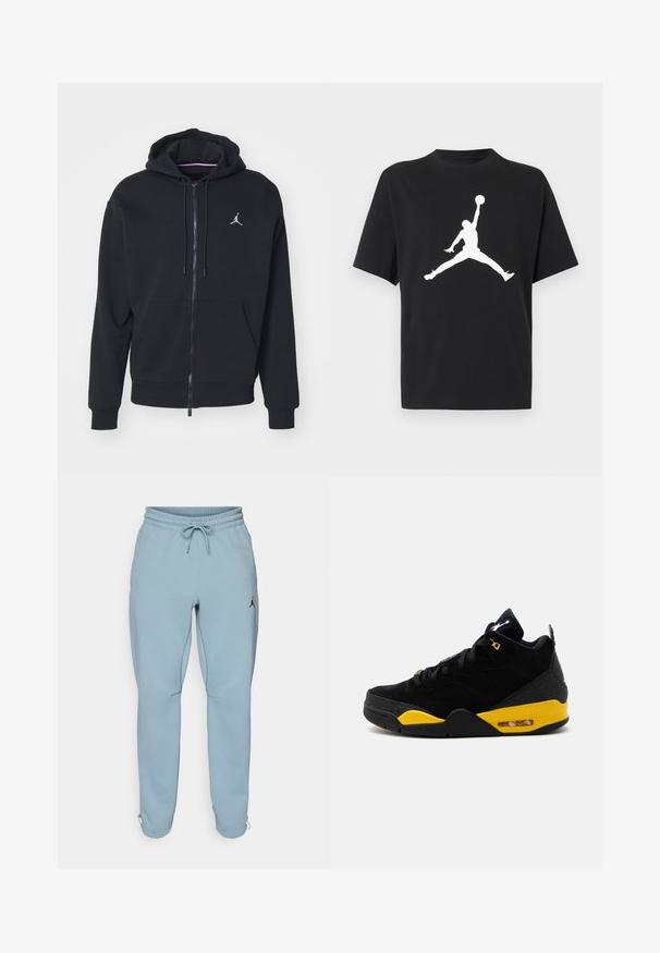 Sort zip-up hoodie lavet af blødt stof, med en kængurulomme, ribbede manchetter og et hvidt broderet logo på brystet.; Sort T-shirt med korte ærmer med en hvid silhuet af en basketballspiller, der hopper, og holder en bold over hovedet i en stjernehop-position.; Lysblå sweatpants lavet af blødt stof, med elastisk talje og snøre, sidelommer og et lille sort logo på låret.; Sort og gul midt-høj atletiksko med snørelukning, luftpolstret sål og synligt Jumpman-logo på tungen og hælstrop.