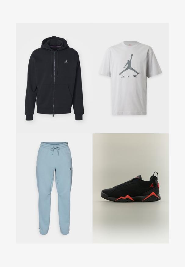 Sudadera con cremallera negra, hecha de un tejido suave, con un bolsillo tipo canguro, puños acanalados y un logo bordado en blanco en el pecho.; Camiseta blanca de manga corta con silueta gris de un jugador de baloncesto saltando y la palabra "AIR" impresa debajo de la figura.; Pantalones deportivos de un azul claro, confeccionados en una tela suave, con una waistband elástica y cordón, bolsillos laterales y un pequeño logo negro en el muslo.; Zapatilla Air Jordan de perfil bajo en negro y rojo, con paneles laterales de malla, cordones en la parte delantera y un diseño distintivo en la entresuela sobre un fondo neutro.