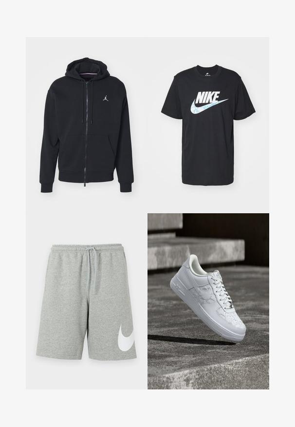 Zwarte zip-up hoodie gemaakt van zachte stof, met een kangoeroezak, geribde boorden en een wit geborduurd logo op de borst.; Nike Sportswear TEE FUTURA - T-shirt print - black; Lichtgrijze sportshort met elastische tailleband, trekkoord en groot wit Nike Swoosh-logo op het onderste deel van het linkerbeen.; Witte Nike Air Force 1 sneaker met gegraveerde sterrenpatronen en een metalen ster-veterbedel, zwevend boven een betonnen oppervlak.