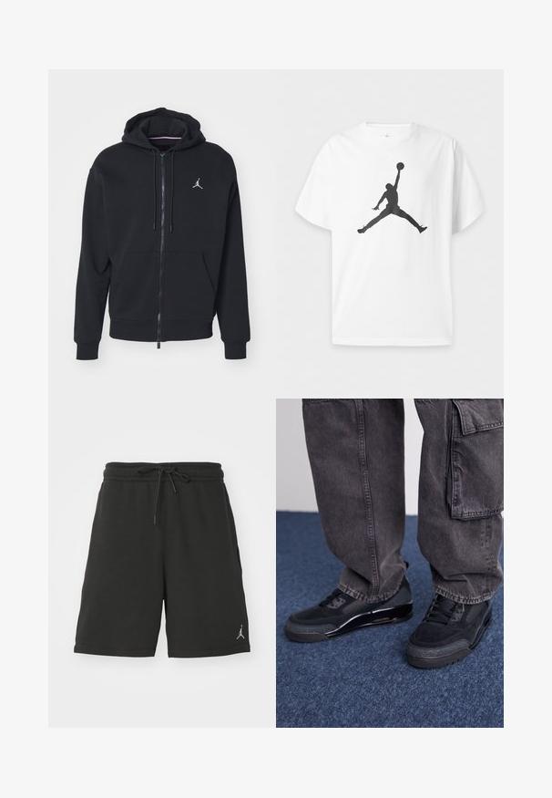 Sort zip-up hoodie lavet af blødt stof, med en kængurulomme, ribbede manchetter og et hvidt broderet logo på brystet.; Hvid t-shirt med korte ærmer med en sort silhuet af en basketballspiller, der hopper og holder en bold over hovedet i luften.; Sort atletisk shorts lavet af blødt stof, med elastisk talje og snøre, sidelommer og et lille logo på venstre ben.; Sorte sportsko med en struktureret overflade, glatte detaljer og en kraftig sål, der er parret med mørke, løstsiddende cargo-bukser.