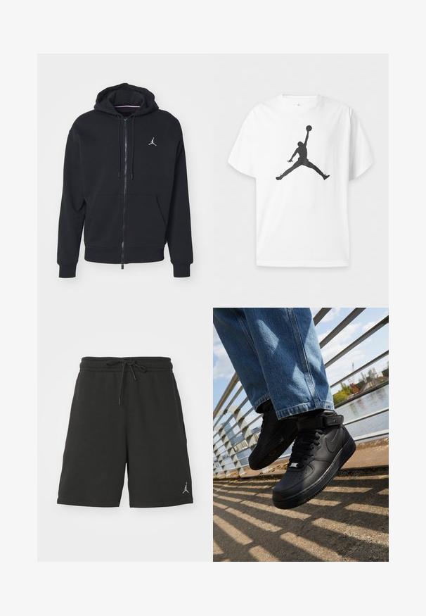 Zwarte zip-up hoodie gemaakt van zachte stof, met een kangoeroezak, geribde boorden en een wit geborduurd logo op de borst.; Wit T-shirt met korte mouwen met een zwarte silhouet van een basketballer die springt en een bal boven het hoofd vasthoudt in de lucht.; Zwarte sportshorts van zacht materiaal, met een elastische tailleband met koord, zijzakken en een klein logo op het linkerbeen.; Zwarte Nike Air Force 1 sneakers met leren bovenkant, mesh tong en rubberen zool, met een high-top ontwerp en dikke veters.