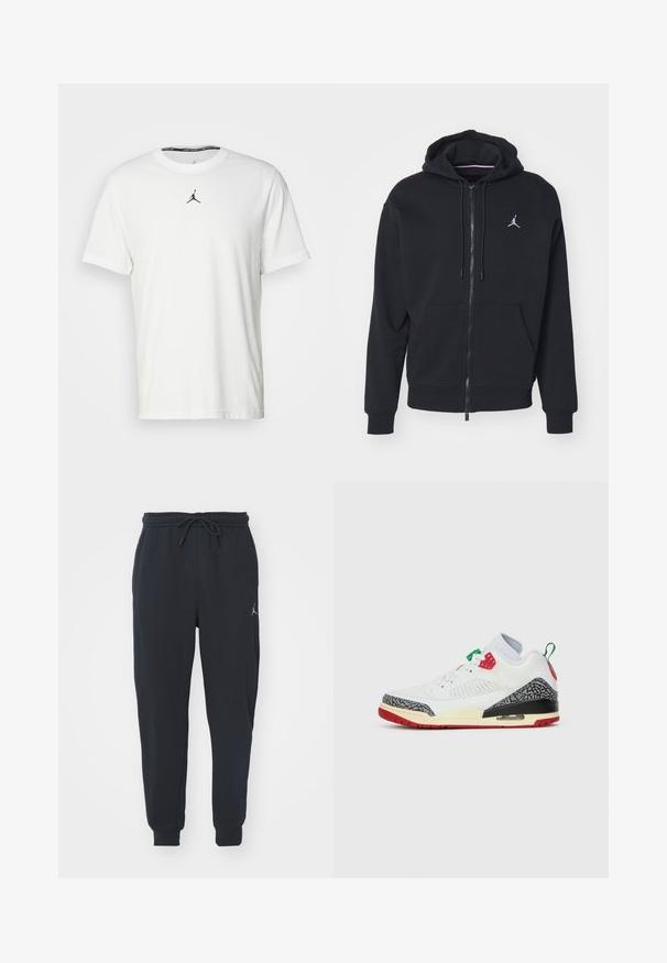 Čierna zip-up mikina vyrobená z mäkkej tkaniny, s kengurou vreckom, rebrovanými manžetami a bielym vyšitým logom na hrudi.; Biely tričko s krátkymi rukávmi vyrobené z bavlny, so siluetou čierneho Jumpman loga na hrudi a okrúhlym výstrihom s čiernou vnútornou etiketou.; Čierne jogger nohavice z mäkkej tkaniny, vybavené elastickým pásom s šnúrkou, ribbovanými manžetami a malým logom na ľavom stehne.; Biele tenisky s koženým zvrškom, sivými akcentmi s motívom slonovej kože, červenými a zelenými detailmi a viditeľnou vzduchovou tlmiacou jednotkou v podrážke.