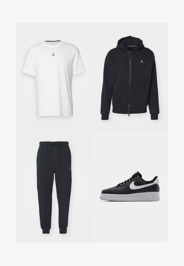 Čierna zip-up mikina vyrobená z mäkkej tkaniny, s kengurou vreckom, rebrovanými manžetami a bielym vyšitým logom na hrudi.; Biely tričko s krátkymi rukávmi vyrobené z bavlny, so siluetou čierneho Jumpman loga na hrudi a okrúhlym výstrihom s čiernou vnútornou etiketou.; Čierne jogger nohavice z mäkkej tkaniny, vybavené elastickým pásom s šnúrkou, ribbovanými manžetami a malým logom na ľavom stehne.; Čierne kožené tenisky s textúrovaným povrchom, biely Nike swoosh, šedá podrážka, okrúle špičky a šnurovací dizajn. Obsahuje perforácie na špičke.