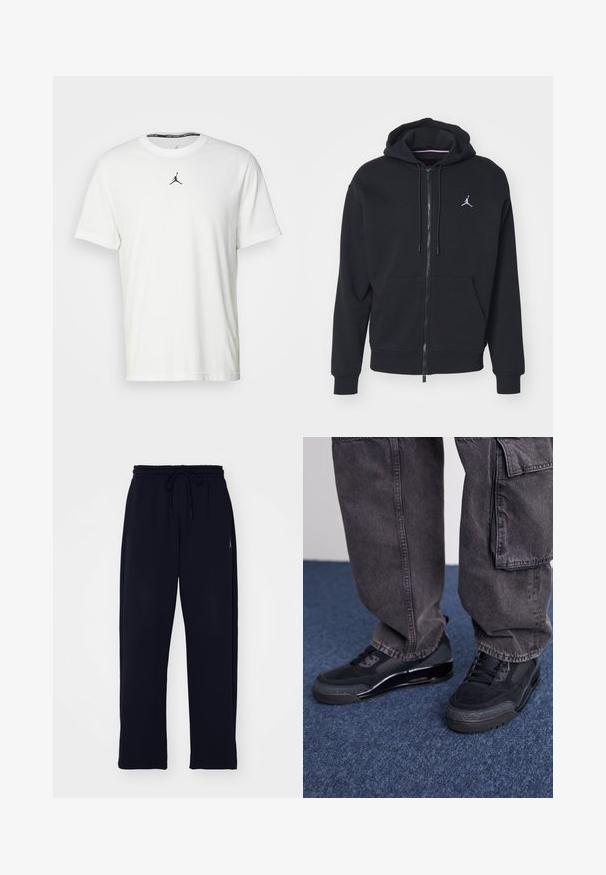 Čierna zip-up mikina vyrobená z mäkkej tkaniny, s kengurou vreckom, rebrovanými manžetami a bielym vyšitým logom na hrudi.; Biely tričko s krátkymi rukávmi vyrobené z bavlny, so siluetou čierneho Jumpman loga na hrudi a okrúhlym výstrihom s čiernou vnútornou etiketou.; Čierne tepláky vyrobené z mäkkej textílie. Obsahujú elastický pás s šnúrkou a bočné vrecká. Priame nohavice.; Čierne športové topánky s textúrovaným povrchom, hladkými akcentmi a masívnou podrážkou, skombinované so šedými, voľnými cargo nohavicami.