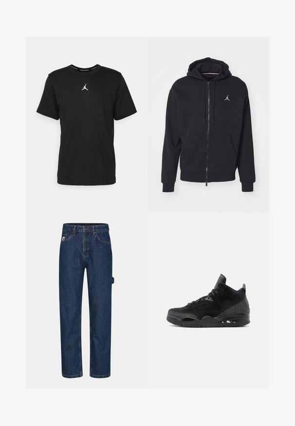 Sort zip-up hoodie lavet af blødt stof, med en kængurulomme, ribbede manchetter og et hvidt broderet logo på brystet.; Sort bomulds t-shirt med korte ærmer, rund hals, med et hvidt Jumpman-logo på brystet og en glat, let tekstur.; Mørkeblå denim jeans med lige ben, fem lommer og et synligt mærke på forsiden til venstre.; Sort høj top sneaker med snørelukning foran, mønstrede sidepaneler, synlig luftsål og polstret ankelkrave på hvid baggrund.