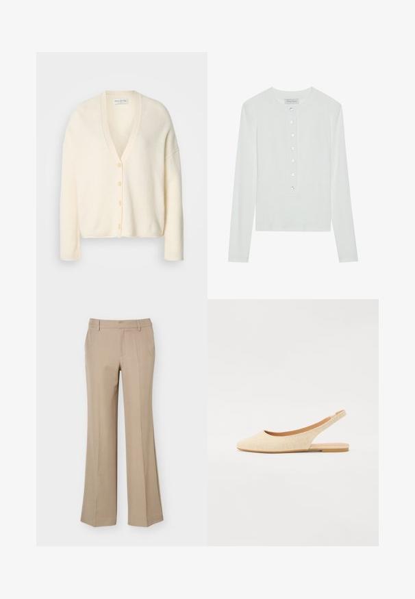 Cremefarvet cardigan, uldblanding, V-hals, lange ærmer, knapper foran, afslappet pasform, blød tekstur, minimalistisk design.; Hvid langærmet top lavet af ribbet stof, med en rund halsudskæring og en knaplukning foran med seks klare knapper.; Beige damebukser med bæltestropper, frontfold og lige brede ben på en ens hvid baggrund.; Beige slingback flade med spids tå, lavet af struktureret stof, med en lav og fleksibel sål og et åbent hældesign.