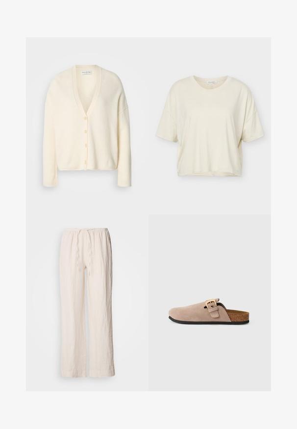 Cardigan couleur crème, en mélange de laine, décolleté en V, manches longues, boutons sur le devant, coupe décontractée, texture douce, design minimaliste.; T-shirt ample à manches courtes de couleur crème avec encolure ronde, fabriqué en tissu doux, présenté sur un fond blanc.; Pantalons larges en lin beige clair avec une taille élastique et des détails de cordon. Caractérisés par une surface texturée, légèrement froissée.; Soulier de mule en suède beige clair. Doté d'une sangle réglable avec boucle dorée, semelle en liège et semelle en caoutchouc noir. Design simple, dos ouvert.