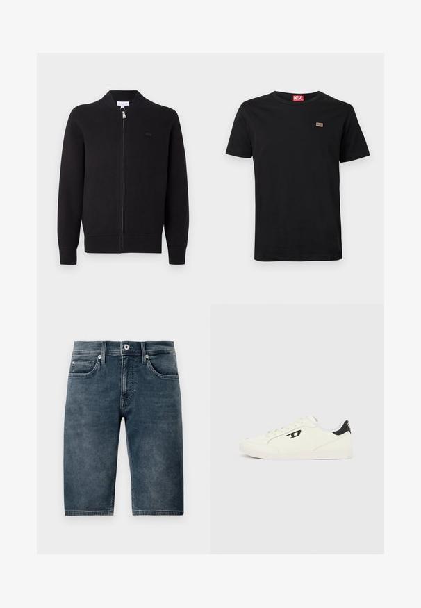 Schwarze, heraustrennbare Strickjacke mit geripptem Kragen, Bündchen und Saum, mit einem kleinen gestickten Logo auf der linken Brust.; Schwarzes kurzärmeliges T-Shirt aus Baumwolle mit Rundhalsausschnitt. Verfügt über einen kleinen Markenaufnäher auf der linken Brust.; Dunkelblaue Jeansshorts bis zu den Knien, mit glatter Textur, fünf Taschen und Metallknopfverschluss. Leicht verwaschene Optik für einen lässigen Look.; Weiße Sneaker mit strukturiertem Obermaterial, schwarzen Akzenten an der Ferse und einem Logo an der Seite. Schnürdesign und Gummisohle.