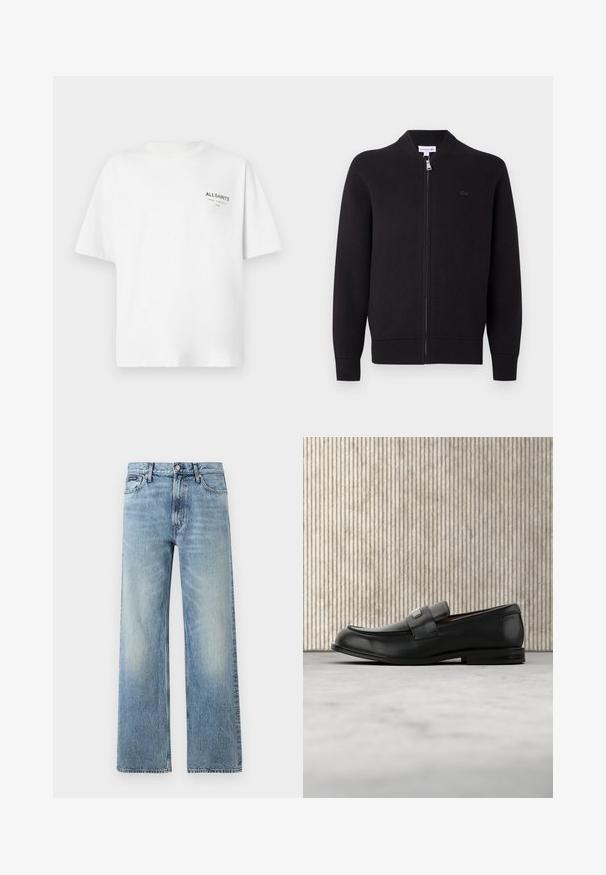 Sort zip-up cardigan med ribbet krave, manchetter og bund, med et lille broderet logo på venstre bryst.; Hvid kortærmet bomulds T-shirt med lille sort "ALLSAINTS" tekst og japanske tegn trykt på venstre bryst.; Lyseblå denim jeans med lige ben, højt talje, fem lommer, knaplukning og diskrete falmede områder på lår og knæ.; Sort læderloafer med metalbrandskilt hvilende nær et brunt rundt bord på beige tæppe.